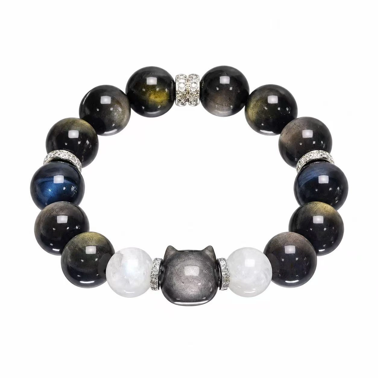 Vòng Tay Obsidian Ánh Vàng Phối Mắt Hổ Xanh kèm Charm Mèo