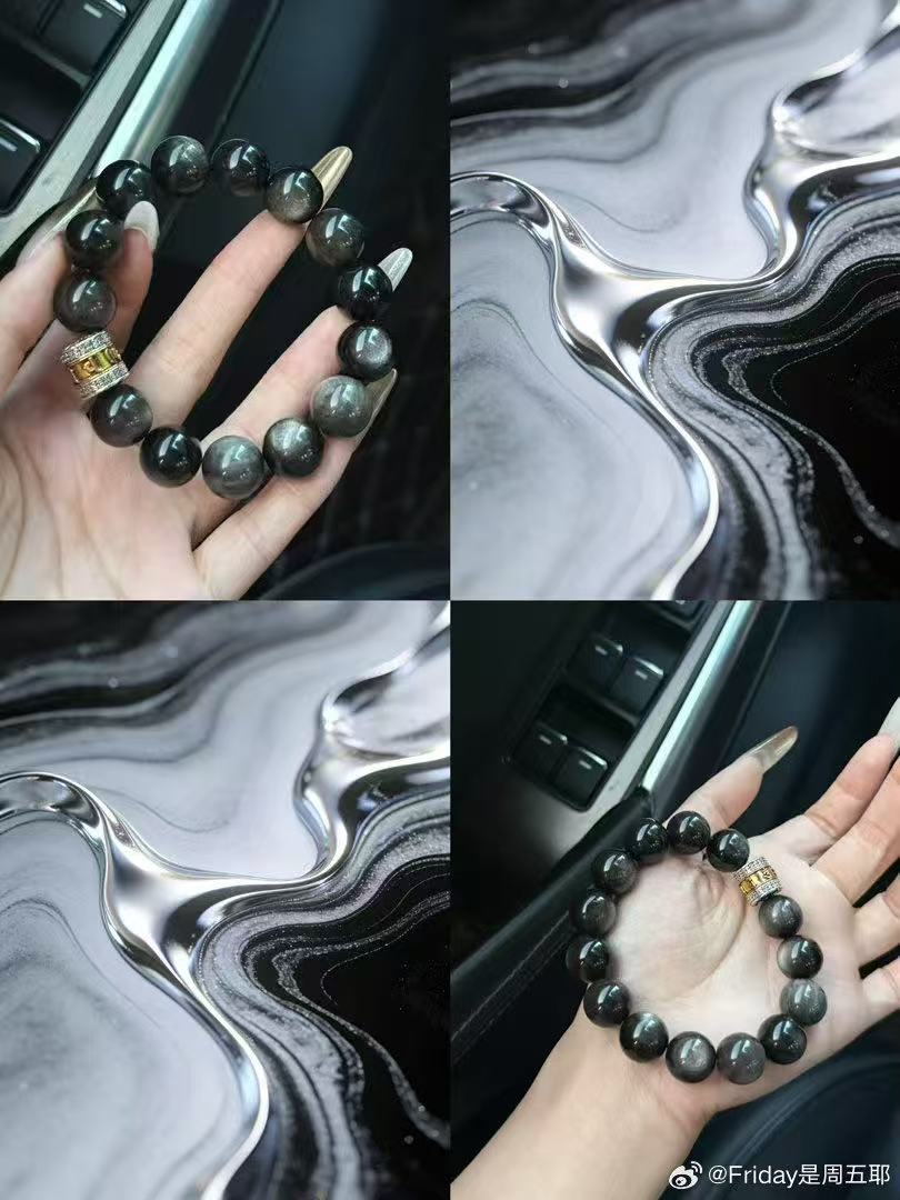 Vòng Tay Đá Obsidian Ánh Bạc Tự Nhiên Mix Charm Hạt xoay (10mm) 3