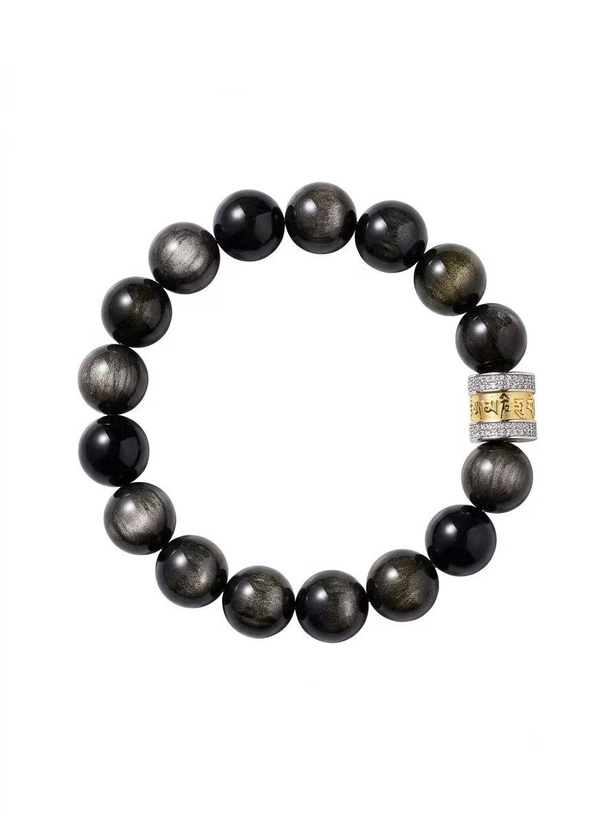 Vòng Tay Đá Obsidian Ánh Bạc Tự Nhiên Mix Charm Hạt xoay (10mm)