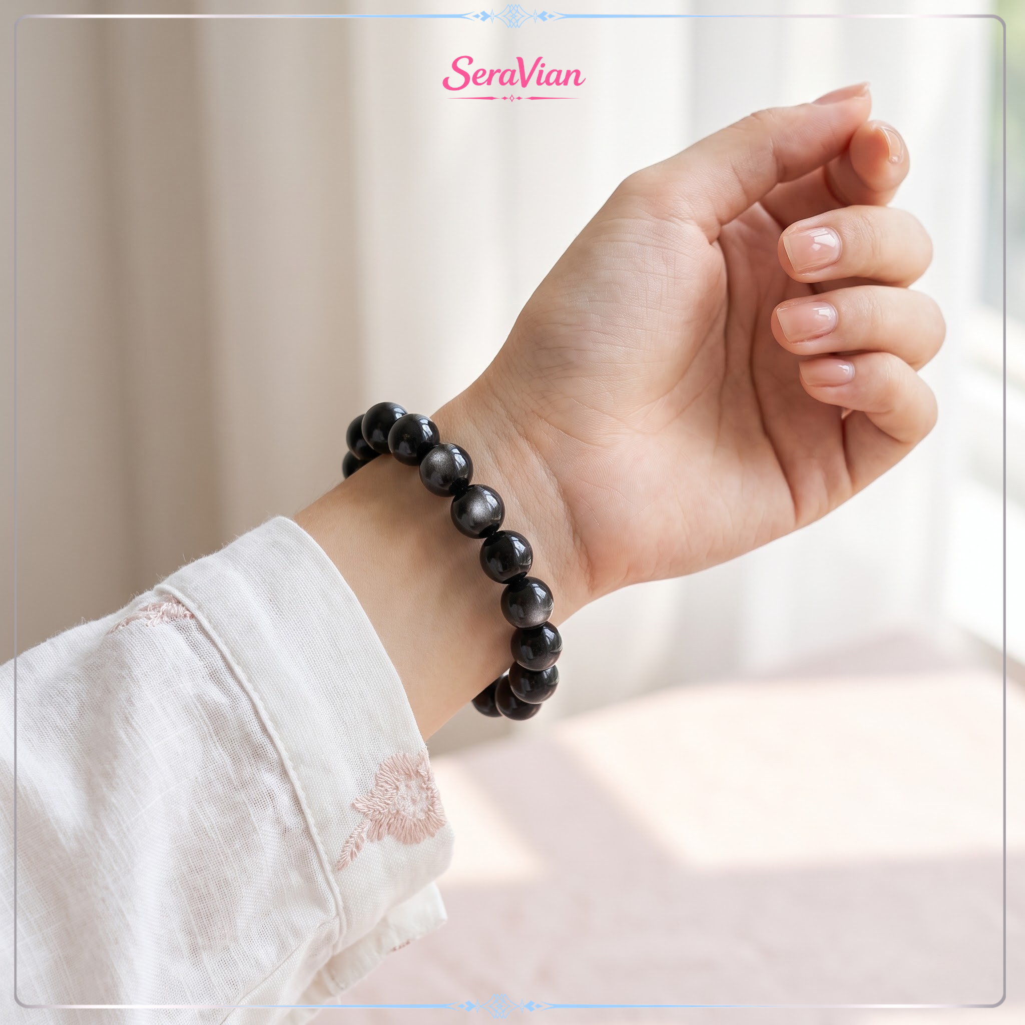 Vòng Tay Đá Obsidian Ánh Bạc Tự Nhiên Hạt Tròn | Vòng Đá Phong Thủy Cho Nữ 3