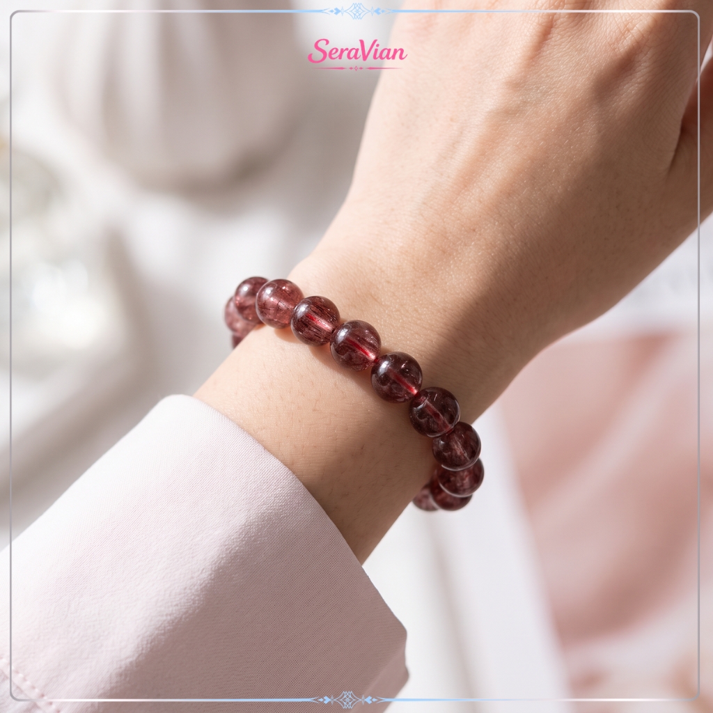 Vòng Tay Đá Thạch Anh Đỏ Đậu Trầm Tự Nhiên – Hạt Tròn Trong, Vân Đá Tự Nhiên, Handmade 3