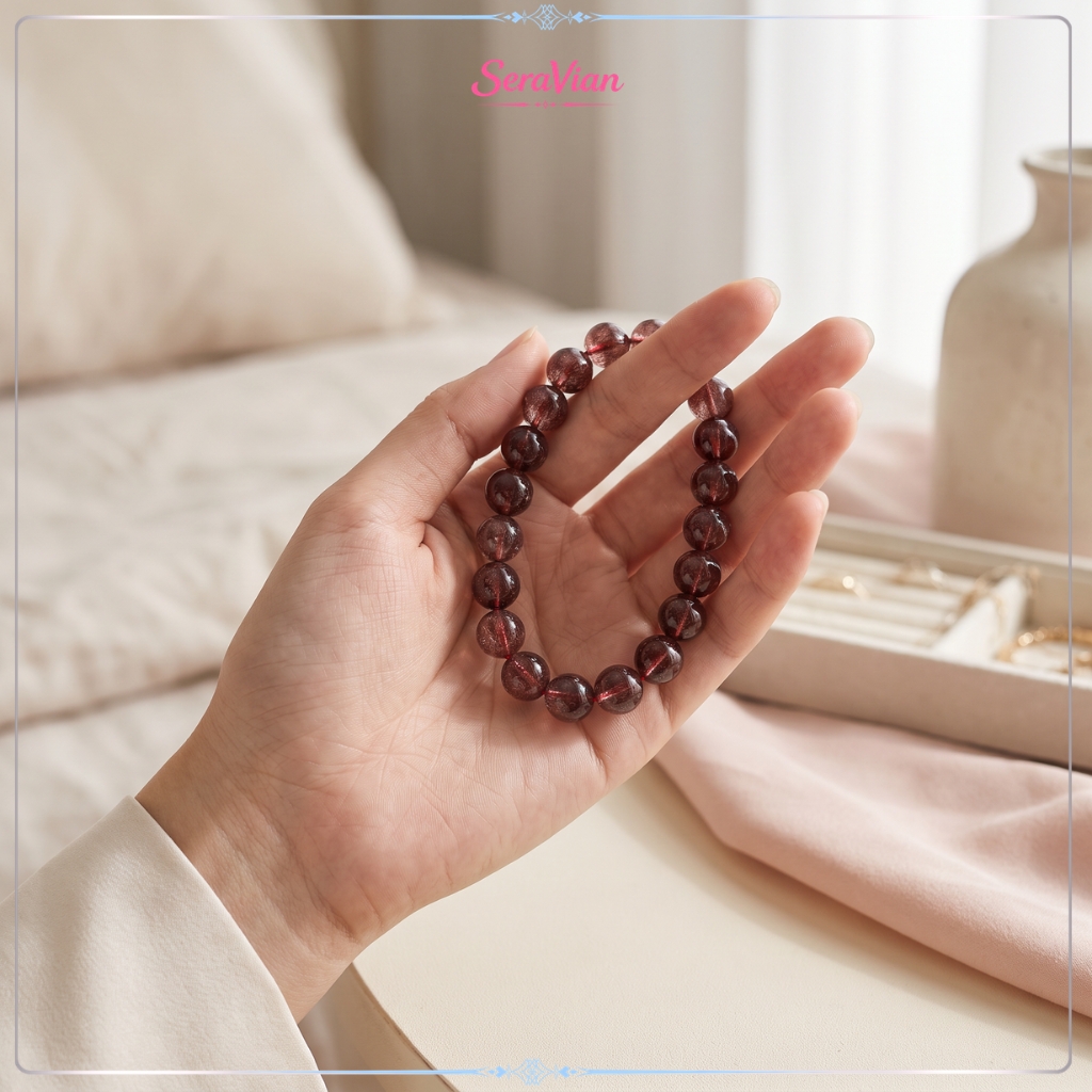 Vòng Tay Đá Thạch Anh Đỏ Đậu Trầm Tự Nhiên – Hạt Tròn Trong, Vân Đá Tự Nhiên, Handmade 5